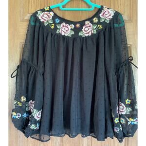 Alter’d State Size Small Black Lined Swiss Dot Balloon Sleeve Embroidered Hobo